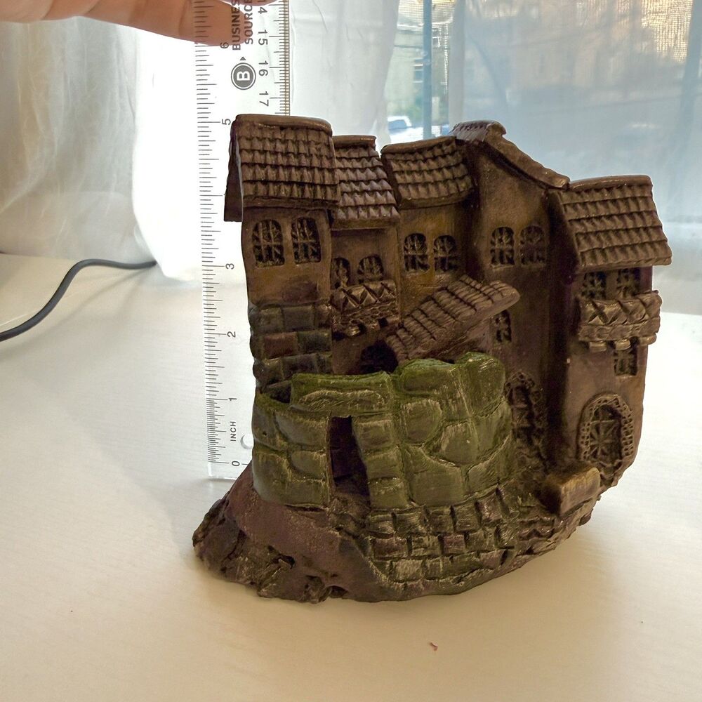 Vintage Handmade Peruvian Earthenware Castle on Wood, Green front wall, K3